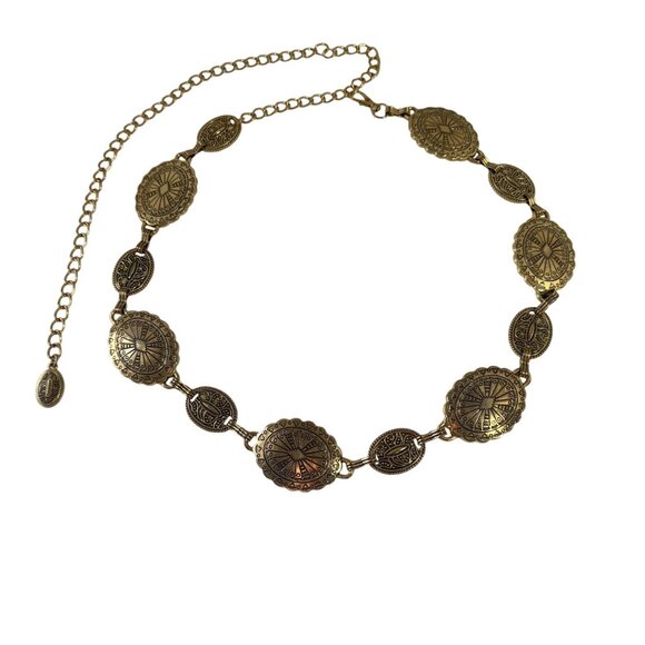 Vintage Oval Carved Concho Western Cowgirl Waist Chain Belt Womens Gold Ethnic - Picture 4 of 11